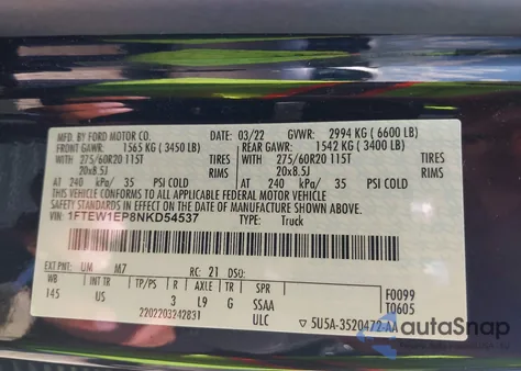 2022 Ford F-150 Xlt z USA, uszkodzony, nr VIN 1FTEW1EP8NKD54537